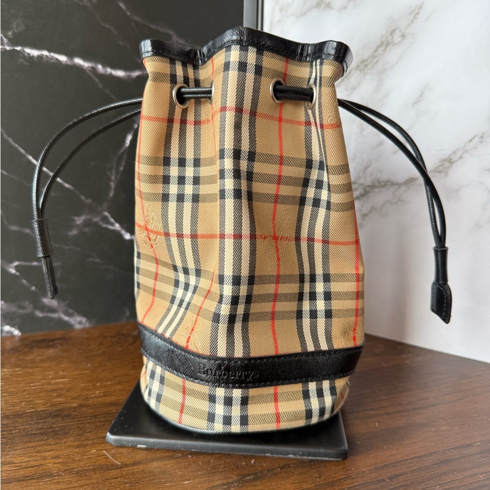 Burberry Beige Classic Check Drawstring Wristlet with Black Trim and Red Accents - Picture 2 of 8
